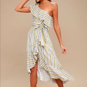High Tide Yellow Striped One Shoulder Midi Dress